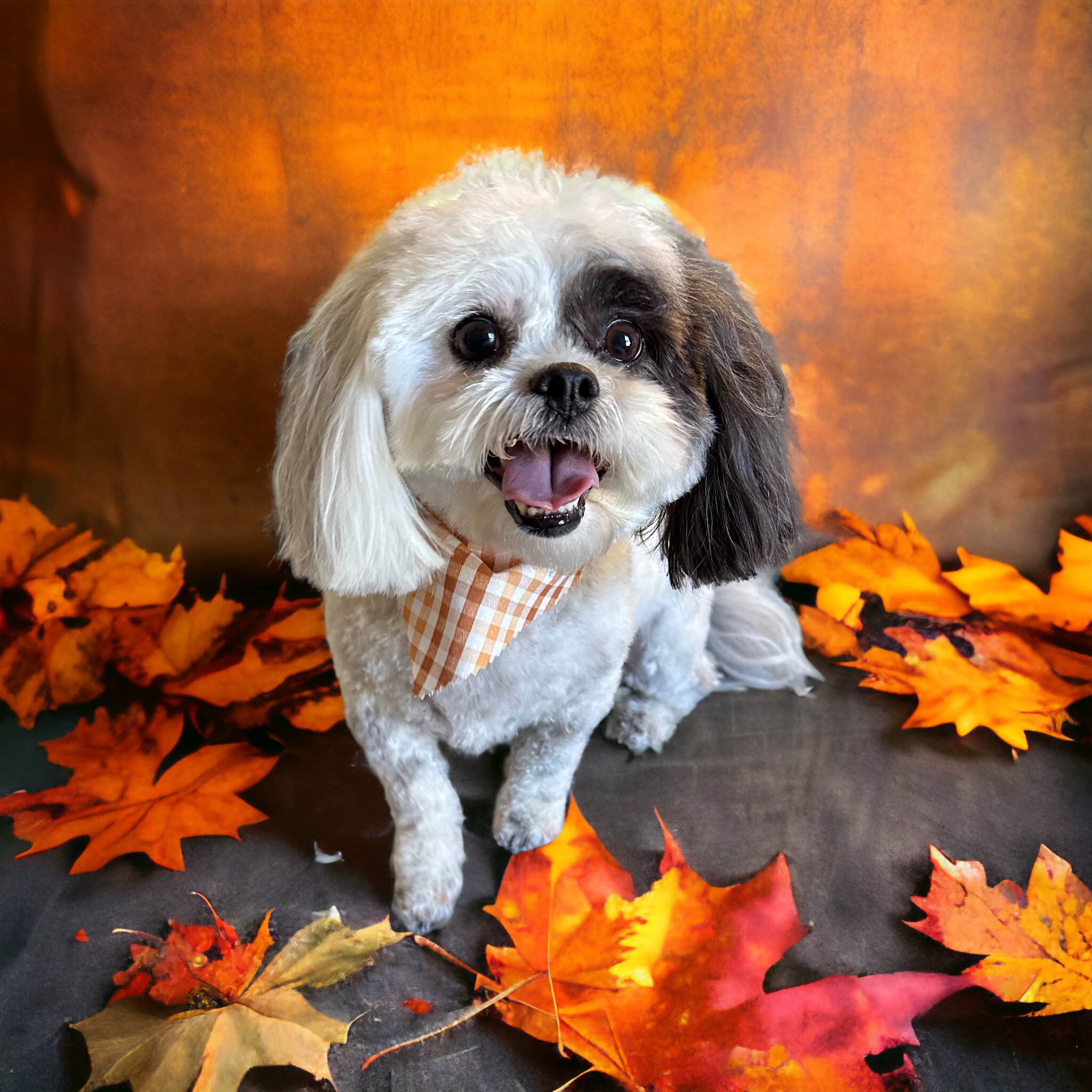 A shih tzu in a plaid bandana on autumn leaves