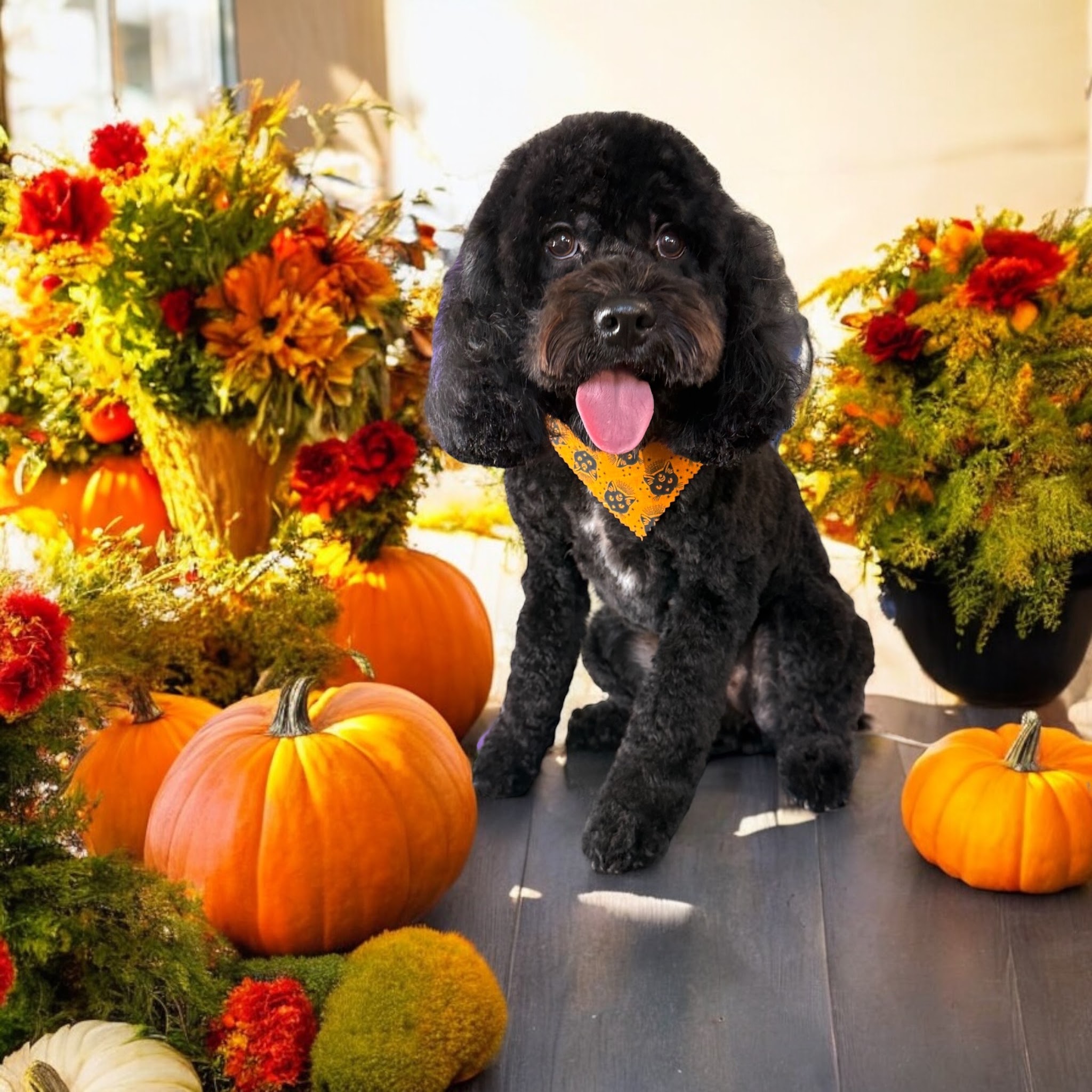 A black curly-coated dog with pumpkins and flowers